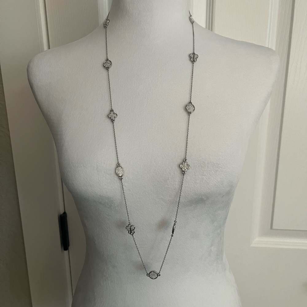 Long Silver Tone Chain Necklace With Crystal Stations Heavy Quality